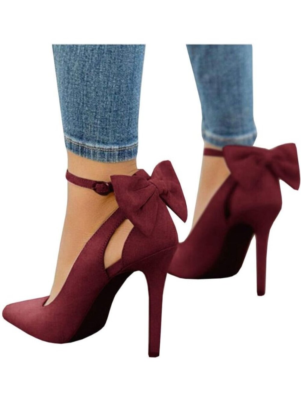 Women's Wine Red Pointed Toe High Heels Ankle Strap Sexy Bowtie Back Sandals